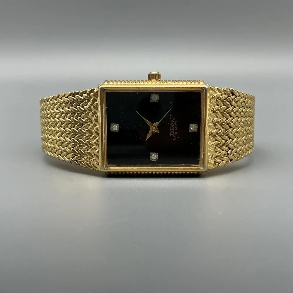 Vintage Xavier Mens Watch 23mm Black Dial Gold Tone Gem Markers New Battery